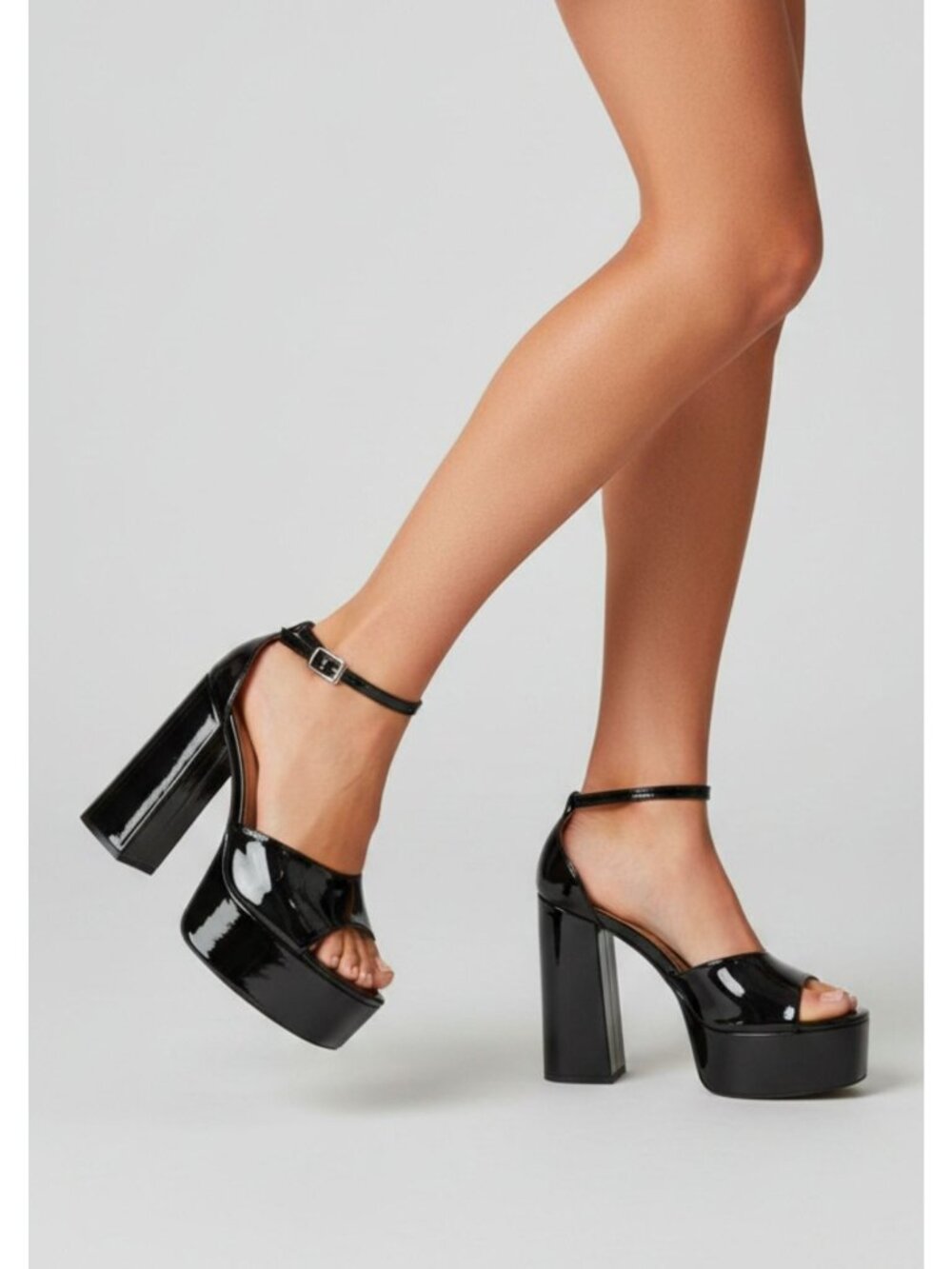 Black Patent Platform High Heels With Ankle Strap Chunky Block Heel Open Toe Des